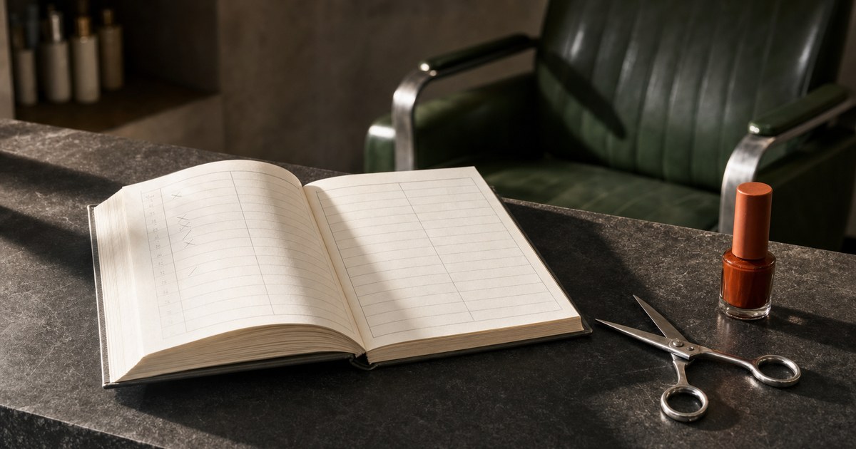 Открытая книга записи салона на стойке, рядом ножницы и лак для ногтей, на фоне размытое пустое кресло.